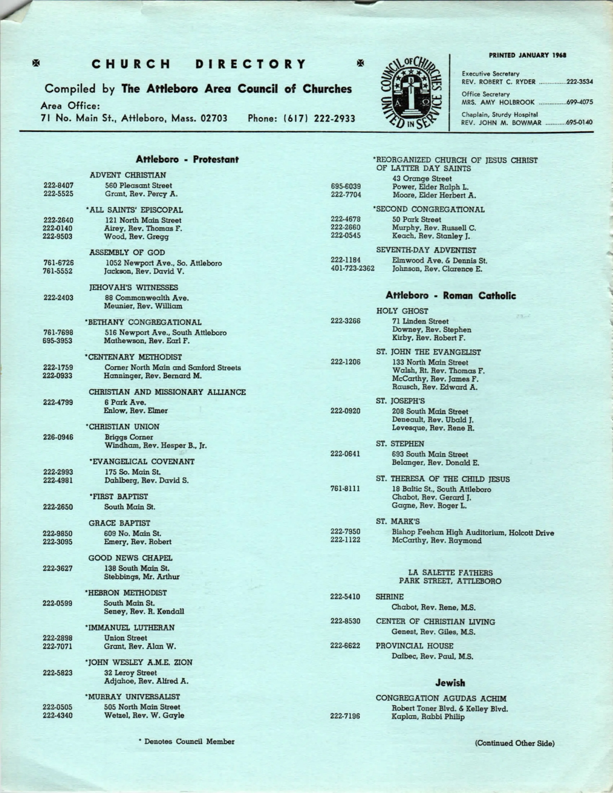 1968 church directory showcasing religious diversity